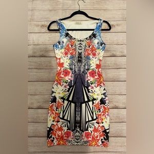 Arden B sz m red blue floral retro empire Bodycon dress